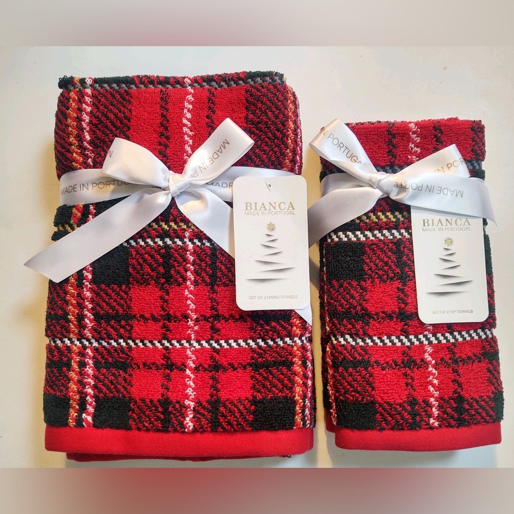 🎁BIANCA Cotton Towels - Hand and Tip Towel Set - Holiday Red Plaid - 4 Pieces